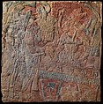 Relief with enthroned ruler, Chakalte' (Guatemalan or Mexican, active ca. 750–800 CE), Limestone, paint, Maya