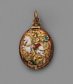 Watch in the form of a badge of the Order of the Garter, Movement by Nicholas Vallin (Flemish, active ca. 1590–died 1603), Case and dial: gold, partly enameled; movement: gilded brass and steel, British, London